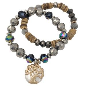 Black Grey Brown Beaded Tree of Life Gold Silver Charm Stretch Bracelet Set